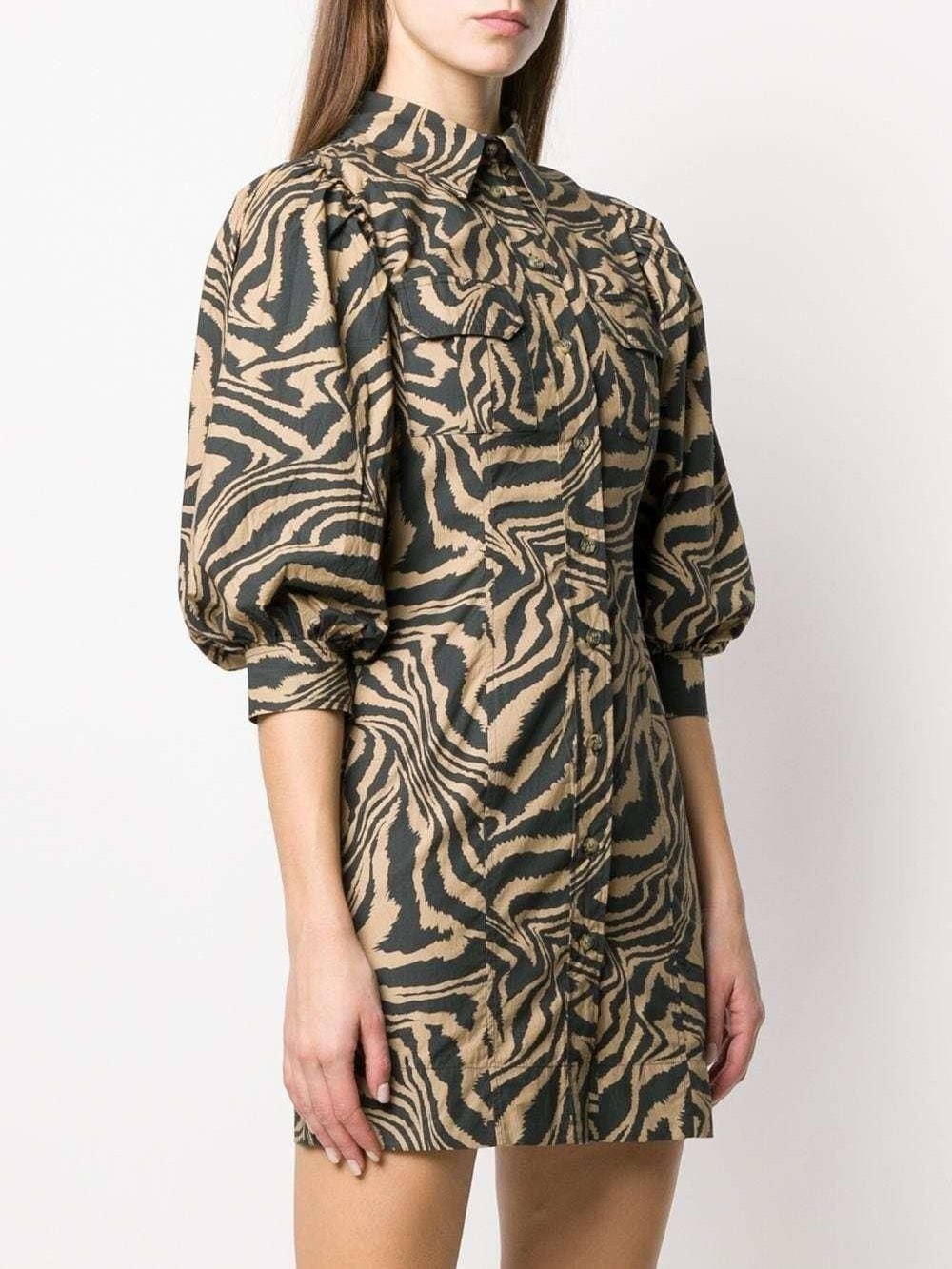 Ganni Black & Cream Zebra-Print Puff-Sleeve Mini Dress